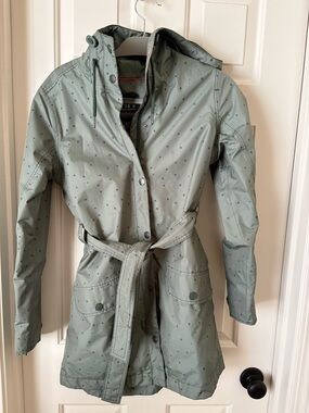 Light Sage Polka Dot Hooded Trench Coat with Belt